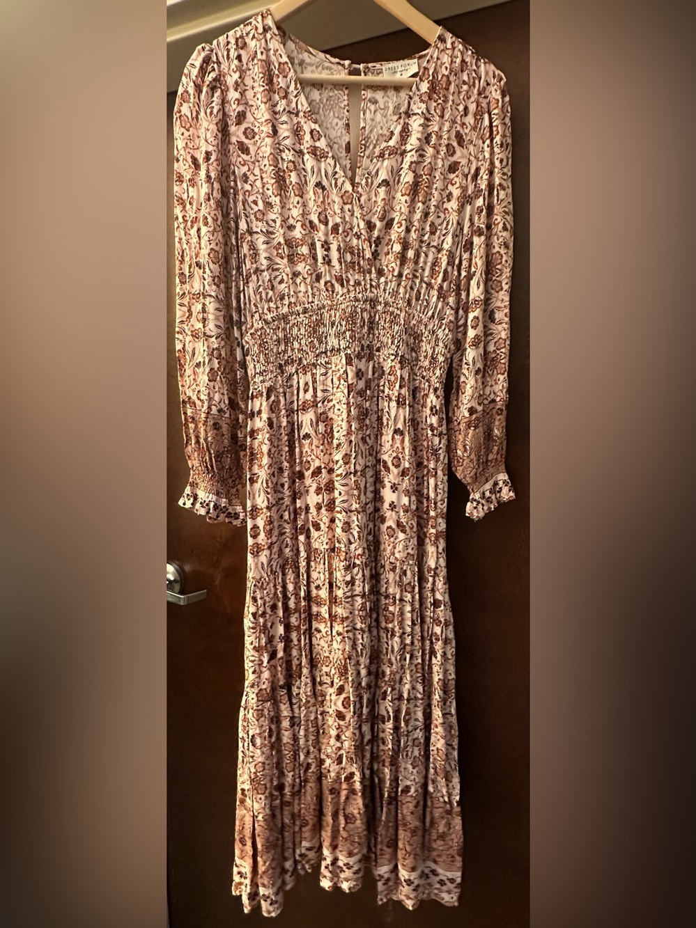 Dress Forum Cream and Brown Maxi Dress with Smocked Waist